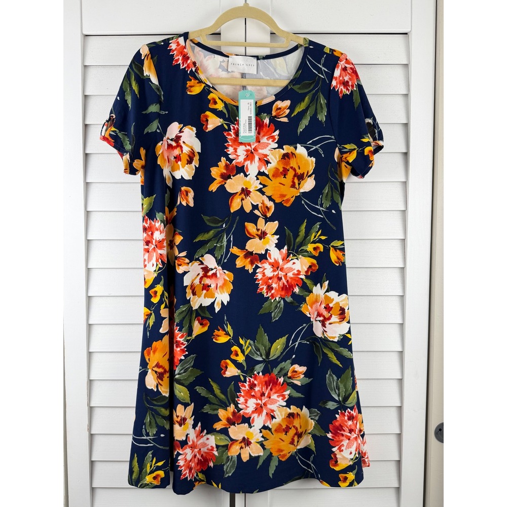 French Grey Ariana Knit Dress XL Navy Floral Short Sleeve Keyhole NEW